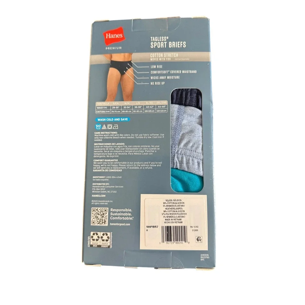 Hanes Premium Mens Tagless Sport Briefs 7 Pack Cotton Stretch Multicolor Size M
